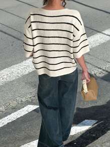 INAWLY 大码女式条纹印花单排扣短袖休闲宽松开衫