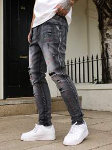 Manfinity LEGND Men's Distressed Relaxed Fit Tapered Leg Jeans - Grey - View 7