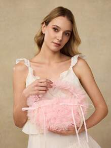 MOTF PREMIUM FAUX PEARL AND BOW MESH TOP HANDLE BAG, NEW ARRIVAL FUR BAG FOR WOMEN - Pink - View 5