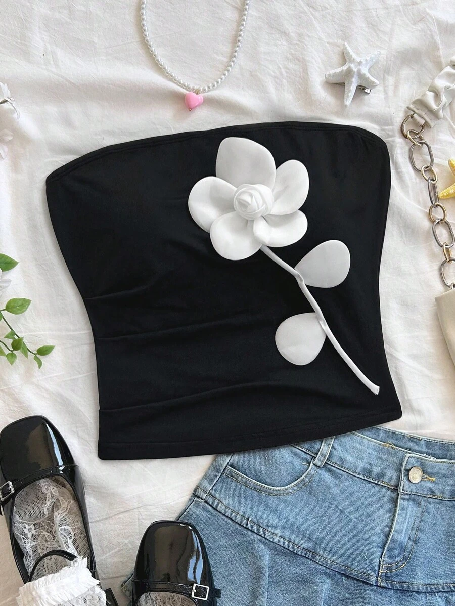 Soleia 女士度假抹胸上衣，腰部收褶，3D 花卉修身衬衫，秋冬打底衫，派对和休闲装 - 黑與白 - 查看 1