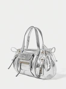 SHECARRY Women's Fashion Personalized Y2K Motorcycle Style Zipper Decor Handbag - Bright silver - View 7