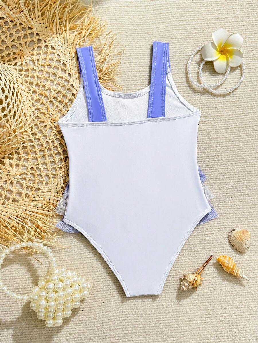 SHEIN Traje de baño de una pieza con volantes y estampado de unicornio para niña, ideal para la playa y la estación veraniega - Multicolor - Ver 1