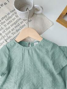 SHEIN LMoss Kids LMoss 女婴休闲简约纯色宽松短袖上衣松紧腰长裤套装，适合夏季 - 綠色 - 查看 4