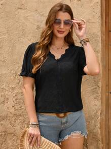 SHEIN LUNE Plus Contrast Lace Puff Sleeve Tee - Black - View 3