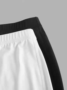 SHEIN BASICS 2pcs Solid Color Knitted Mid-Waist Tight Fit Workout Shorts For Plus Size - Black and White - View 4