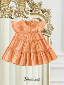 SHEIN Babygirl Summer Light Blue Sweet Bow Embroidered Cake Dress, With Little Flutter Sleeves And Ruffled Collar Design, A Perfect Blend Of Elegance And Cuteness. The Bow Embroidery On The Chest Adds A Touch Of Playfulness. Ideal For Sunny Summer Outings, Perfect For Lounging At Home, And Attending Family And Friends' Parties, Making It The Ultimate Choice For Various Occasions. - Orange - View 7