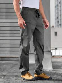 Manfinity Homme Men's Solid Color Drawstring Waist Casual Stylish Cargo Pants, Suitable For Spring And Summer - Grey - View 4