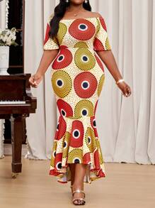 SHEIN Lady  Spring And Summer Elegant Plus Size Flounce Sleeve Mermaid Off The Shoulder Orange Yellow Plus Size Dresses Valentine's Day New Year Party Women Dress Vacation Outfits Woman - Multicolor - View 5