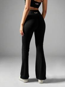 Missguided x Playboy Seamless High Rise Flared Leggings Yoga Pants Athletic Exercise Fitness Studio Workout Performance Activewear Breathable - Black - View 1