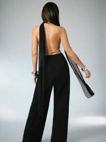 Denimoi 春夏性感露背链条装饰低胸无袖短款外出上衣音乐节沙滩链条上衣露背上衣性感上衣时尚夏季上衣度假上衣度假演唱会夜店雪纺上衣 - 黑色 - 查看 4