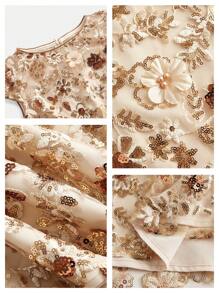 Anewsta 优雅香槟色女式连衣裙，花卉刺绣网眼度假装，闪亮亮片短袖派对礼服，春夏装 - 香檳色 - 查看 5