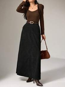 Heiryn 女士纯色口袋简约灯芯绒半身裙，休闲日常穿着 - 黑色 - 查看 4