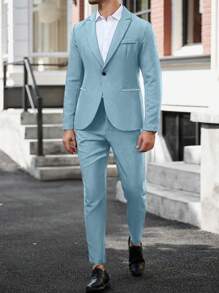 Calvornis Men's Solid Color Distressed Lapel Long Sleeve Jacket And Pants Casual Suit Set - Baby Blue - View 3