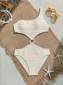 SHEIN 青少年女孩不对称分体连体泳衣，合身、休闲、舒适、运动风格