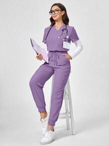 TaskEZ 纯色 V 领短袖上衣，带口袋和腰带裤，手术服套装