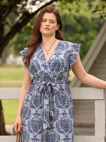 LanaWest 大码女式 V 领荷叶边碎花宽松连体裤，优雅时尚女式长款夏季连衣裙，清凉装束，缓解压力，晚礼服，圣帕特里克节，波西米亚风节日，春假