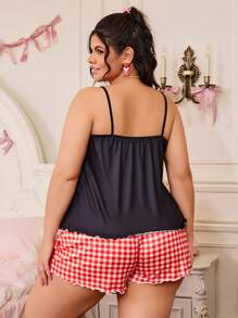 SweetSlumber Plus Size Bowknot Printed Cami & Plaid Shorts Pajama Set - Multicolor - View 2