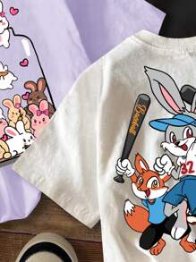 SHEIN Leap Crew 3pcs/Set Young Girls' Casual Cartoon Graphic T-Shirts, Versatile For Summer - Multicolor - View 6
