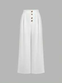 Sweetra Women's White Linen Button Down Relaxed Fit Straight Leg Pants, Flattering For Spring/Summer - White - View 1