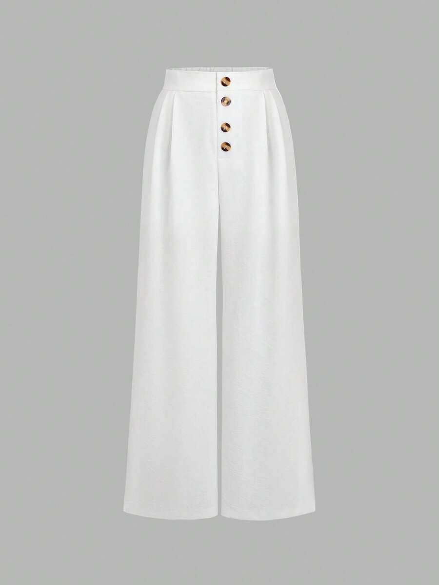 Sweetra Women's White Linen Button Down Relaxed Fit Straight Leg Pants, Flattering For Spring/Summer - White - View 1