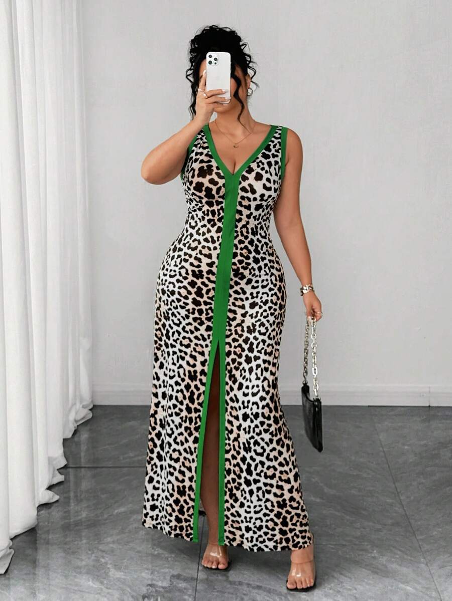 Elenzga Plus Size Leopard Print Sleeveless Deep V-Neck Low Waist Bodycon Asymmetric Collar Dress Women Dresses Birthday Women Casual Dress Women S Clothes Woman S Summer Clothes Women Summer Clothing - Multicolor - View 1