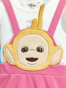 Teletubbies X SHEIN Young Girl Cartoon Puff Sleeve Top And Cute Sweet Versatile Pink Suspender Skirt Set