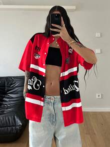 StreetHx Women's Summer Street Style English Text Print Short Sleeve Shirt - Red - View 4