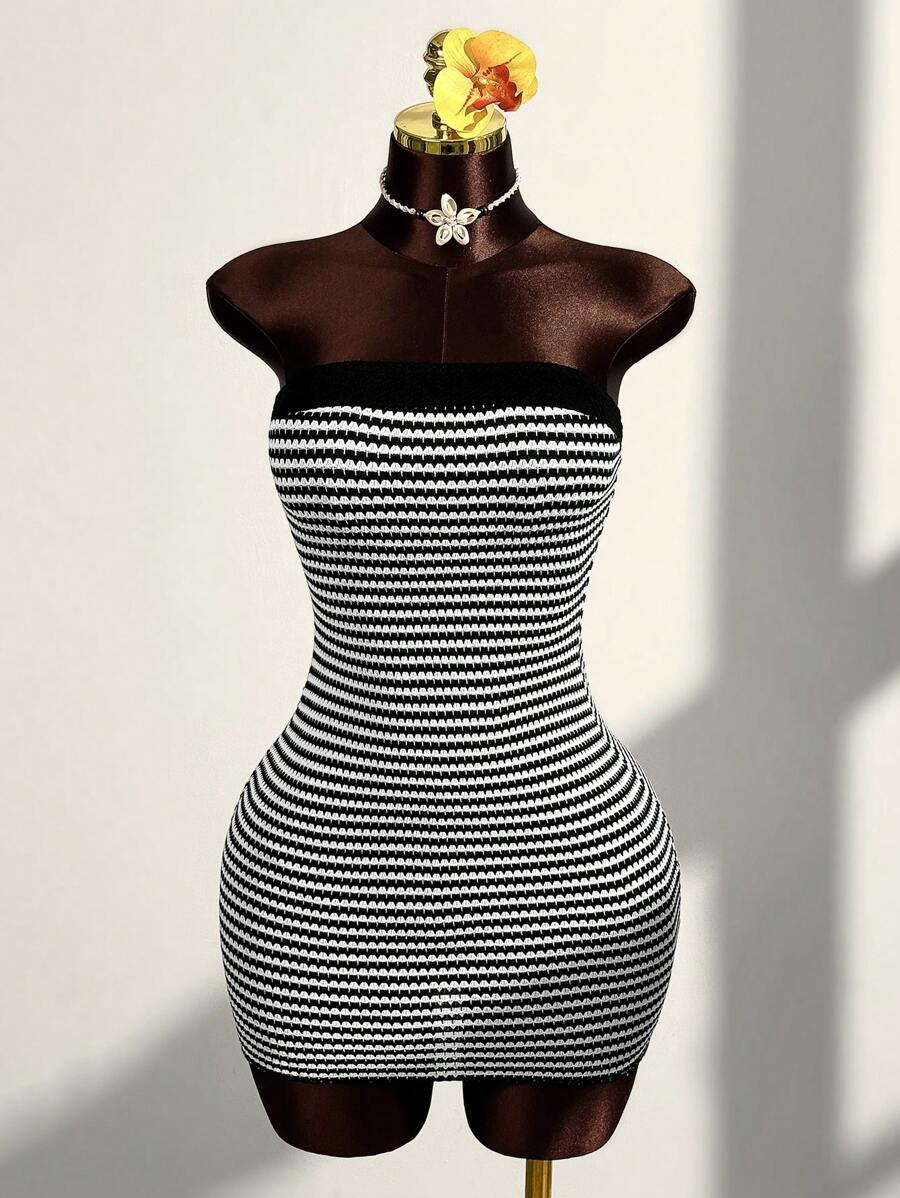 Amplova Vacation Outfits Woman Boho Vacation Casual Summer Outfits For Women Women's Striped Strapless Fitted Fashion Mini Dress