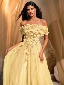 Glamrae 优雅奢华 3D 花卉刺绣蕾丝网布拼布蓬松舞会礼服长裙，适合婚礼、派对、约会、舞会、宴会（重绣版） - 淡黃色 - 查看 7