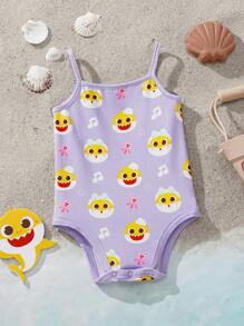 BABY SHARK X SHEIN Baby Girl Cute Shark Print Cami Bodysuit - Purple - View 3