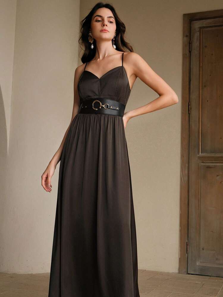 Standard Size Women's Classy Elegant V-Neck Cinched Waist Casual Summer Dress With Back Zipper And Belt