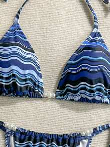 Soleia Women's Halter Swimsuit Set, Triangle Bikini Bottoms, Fashionable For Summer - Blue - View 3