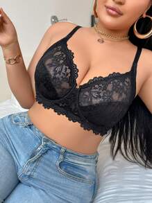 Plus Size Sexy Lace Underwire Lingerie Bra - Black - View 1