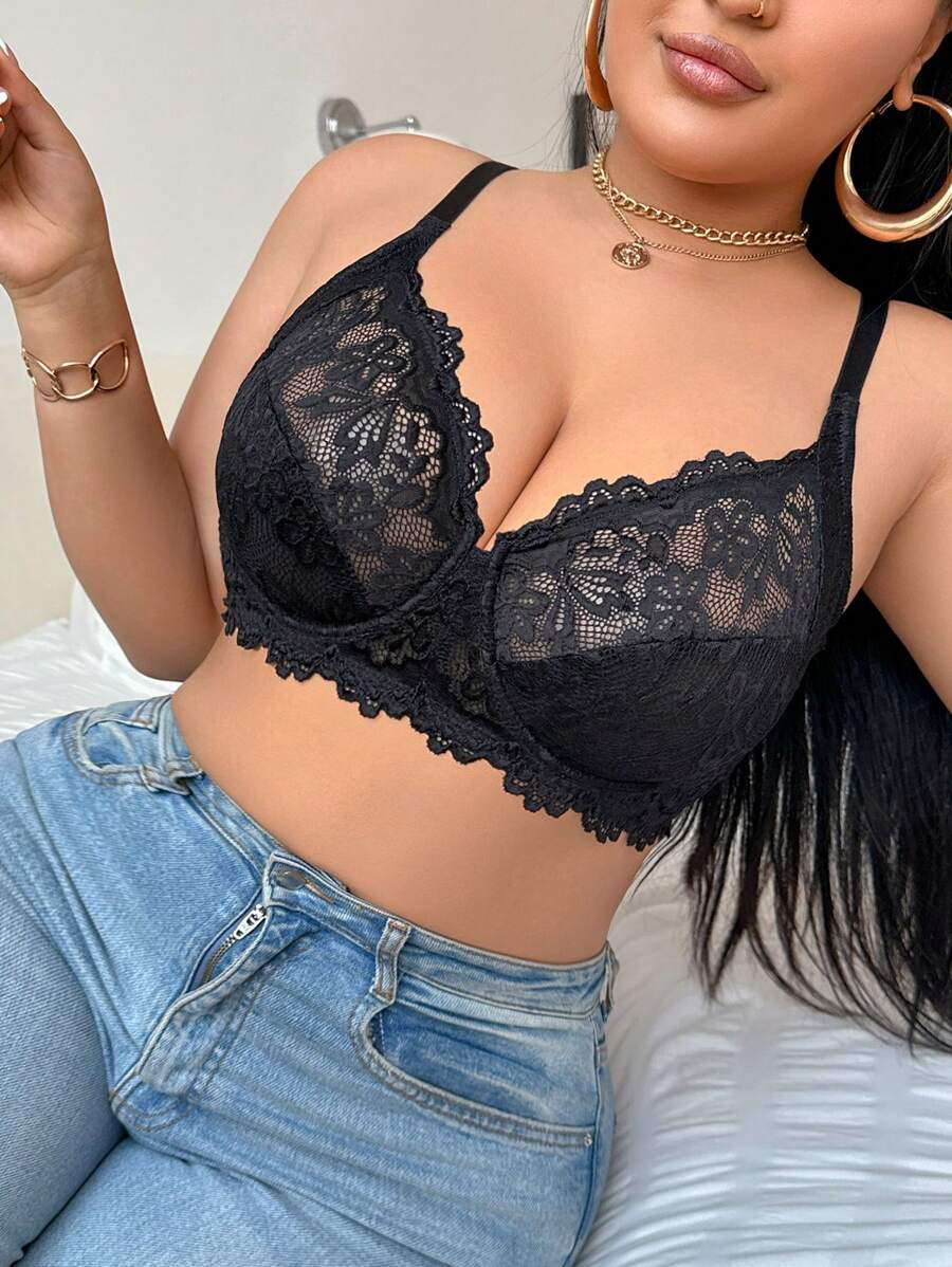 Plus Size Sexy Lace Underwire Lingerie Bra - Black - View 1