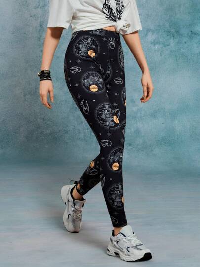 HARRY POTTER X SHEIN Black Elastic Waist Tight Long Body, Golden Snitch Hedwig Print Leggings, Comfortable For Summer