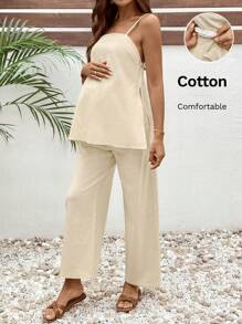 SHEIN Maternity 2pcs/Set Solid Side Slit Cami Top And Adjustable Waist Pants, Casual Vacation Outfit Cotton
