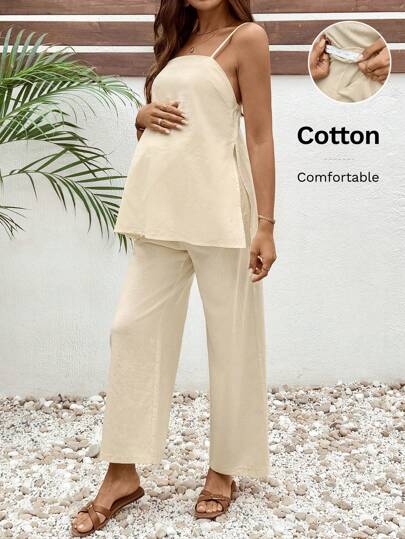 SHEIN Maternity 2pcs/Set Solid Side Slit Cami Top And Adjustable Waist Pants, Casual Vacation Outfit Cotton