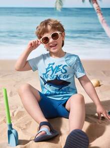 Shark Week X SHEIN 小男孩鲨鱼与字母图案休闲圆领短袖T恤 - 彩色 - 查看 1