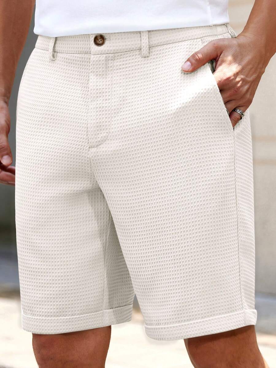 Manfinity VCAY Pantalones cortos rectos de media cintura de unicolor tejidos para hombres, adecuados para uso casual en primavera y verano, Old Money - Blanco - Ver 1
