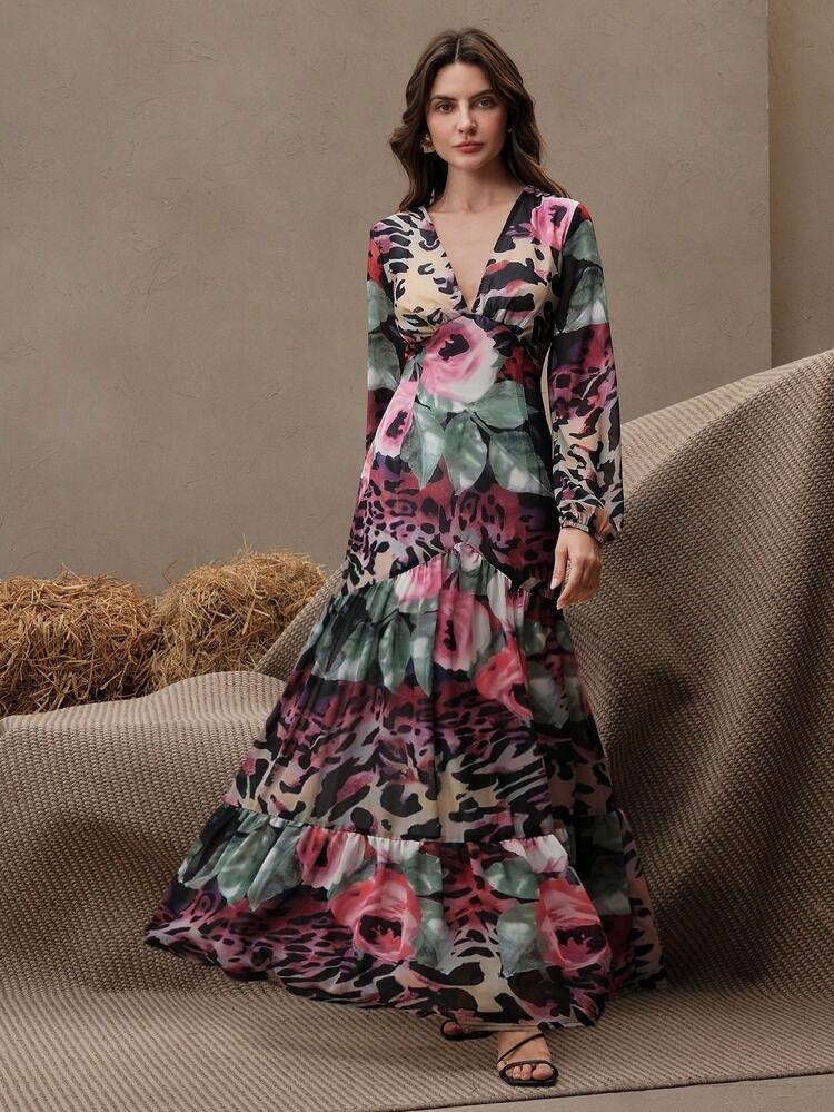 Women's Purple Orchid Print Elegant Dress, Flowing And Graceful Goddess Style