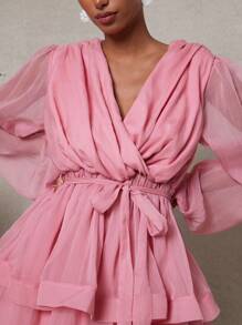 L'Amorae Váy ngắn mùa hè xếp tầng tay bồng cổ chữ V thanh lịch buộc phía trước cho nữ, trang phục mùa hè cho nữ, trang phục đi nghỉ cho nữ, trang phục sinh nhật - Hồng - Xem 4