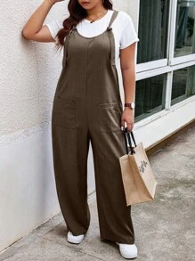 Calvaya Plus Size Women's Solid Color Double Pocket Wide Leg Loose Strap Jumpsuit