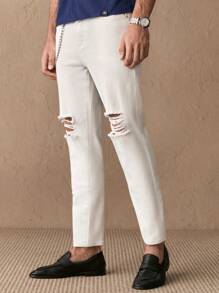 Manfinity NXTstreet Men's White Ripped Jeans With Chain, Fashionable Style - White - View 6