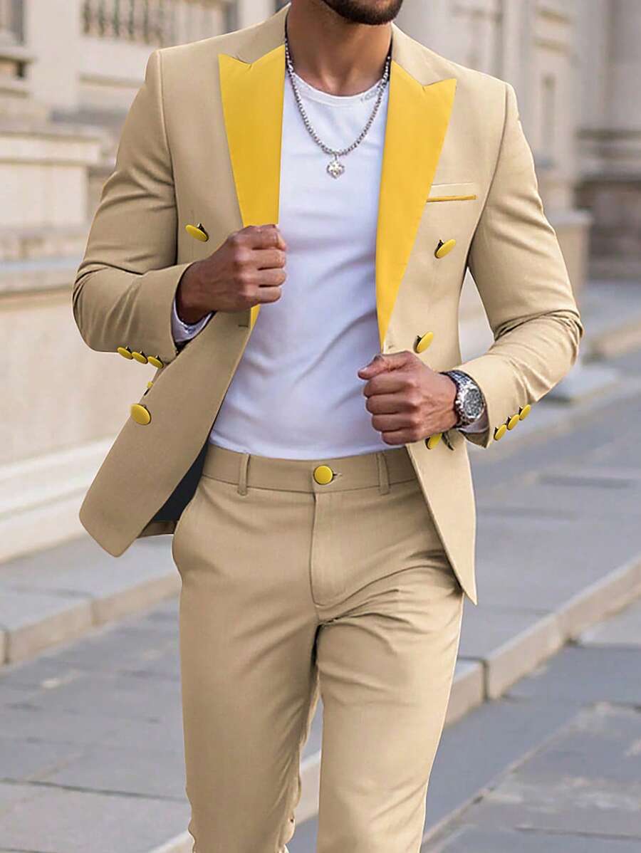 Manfinity Mode Men's Autumn Contrast Color Lapel Neck Double-Breasted Suit Jacket And Pants Men Dress Clothes Men Suits - Khaki - View 1