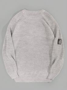 EURMUSE Men Stripe Knitted Raglan Sleeve Patched Regular Sweater - Grey - View 3