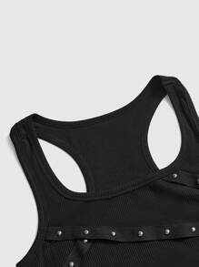 ROMWE Grunge Punk 女士韩流风格无袖性感黑色迷你连衣裙，饰有铆钉、水钻和吊带设计，适合夏季海滩、毕业典礼、复活节、演唱会、纳什维尔度假、音乐节等场合。