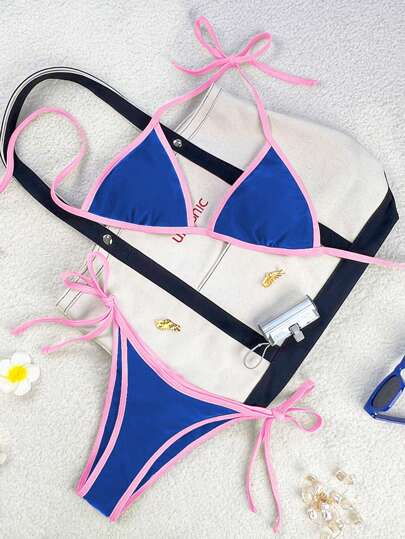 Swim Mod 2Pcs Set Women Two Pieces Bikini Set, Spaghetti Strap Neck Tie Contrast Color Bathing Suit Top And Side Tie Swimming Trunks, Full Season For Summer Beach Vacation