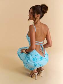 SHEIN BAE 蓝色露背系带铆钉珍珠亮片装饰连衣裙，女士优雅度假沙滩裙，适合夏季、音乐节、露背连衣裙 - 藍色 - 查看 7