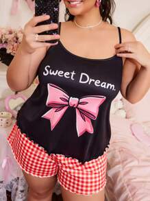 SweetSlumber Plus Size Bowknot Printed Cami & Plaid Shorts Pajama Set - Multicolor - View 3