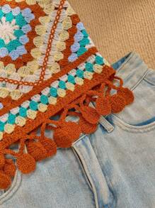 Skyraze Women Vintage Tassel Casual Knit Camisole, Boho Tops Women,Knit Floral Hollow Swimsuit Cover Up,  Summer Beach Vacation - Coffee Brown - View 4